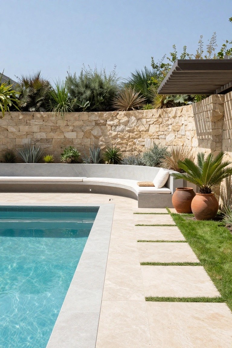 Curved built-in gray concrete bench with white cushions beside a turquoise pool edge, large terracotta pots with fan palms, stone wall with agave and succulent plantings, pale stone pavers interspersed with grass strips, blue sky above.