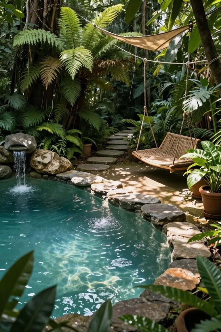 Small turquoise pool edged in natural rocks with a waterfall cascading from boulders, surrounded by dense tropical ferns and plants, stone path leading to a hanging rattan swing under a beige canopy.