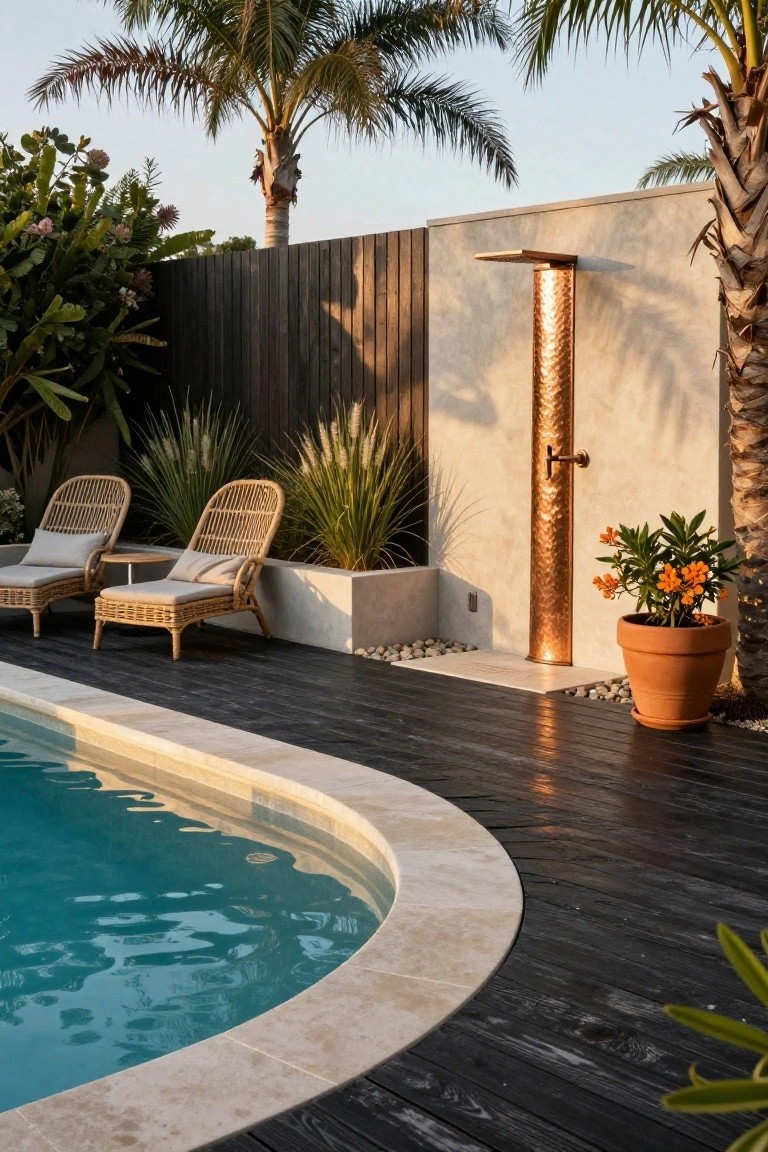 Poolside area with curved turquoise pool edged in light stone and dark wood decking, two beige rattan loungers with cushions, tall hammered copper outdoor shower against white wall, potted orange flowers, grasses, and palm trees.