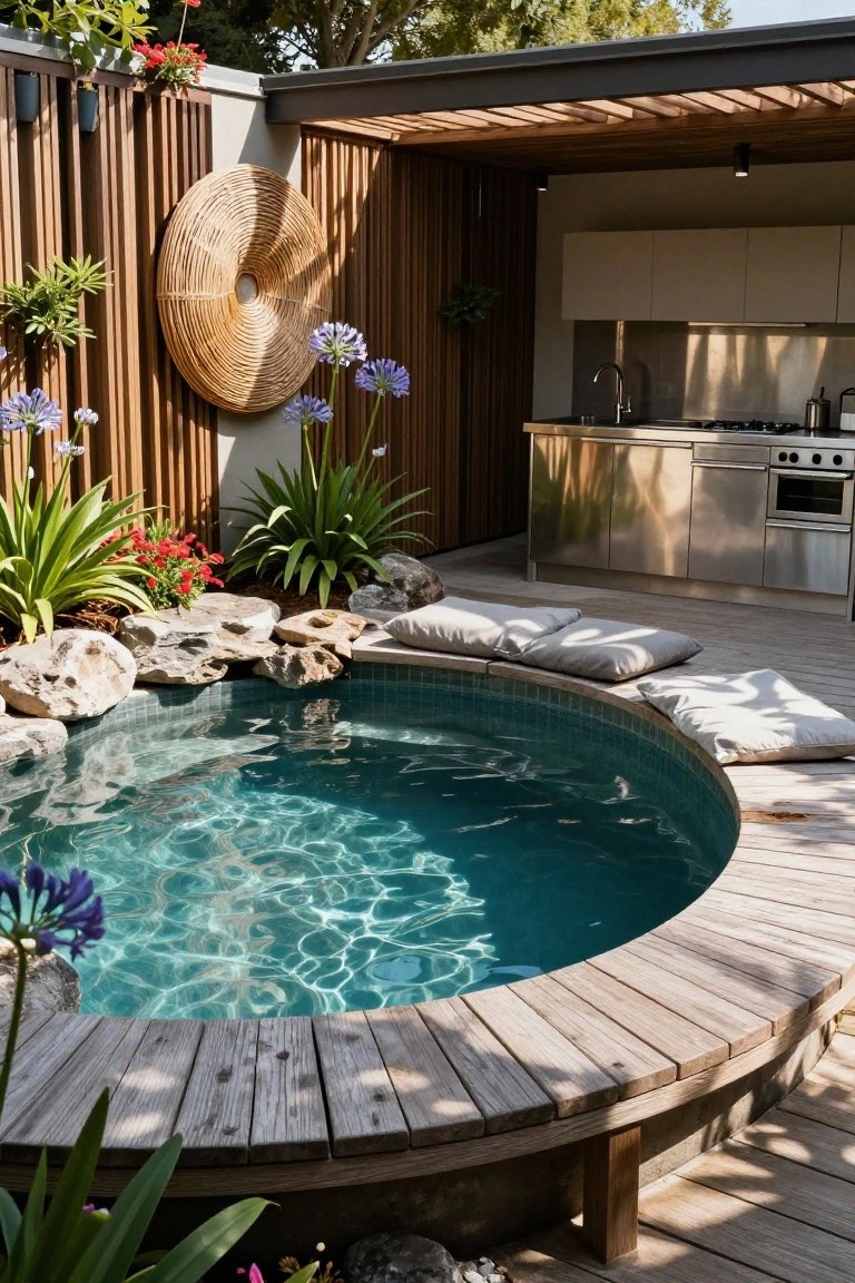 Small round turquoise pool edged with rocks and surrounded by curved wooden deck with beige cushions, tropical plants, woven wall decor, and nearby stainless steel outdoor kitchen.