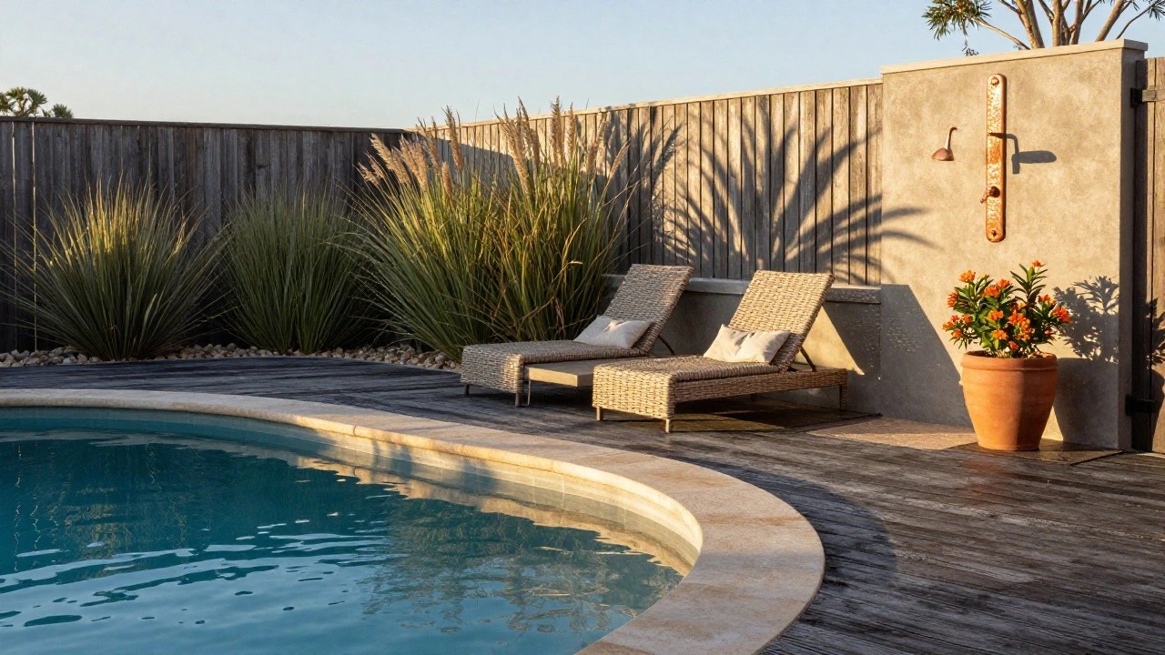 Poolside area with curved turquoise pool edged in light stone and dark wood decking, two beige rattan loungers with cushions, tall hammered copper outdoor shower against white wall, potted orange flowers, grasses, and palm trees.