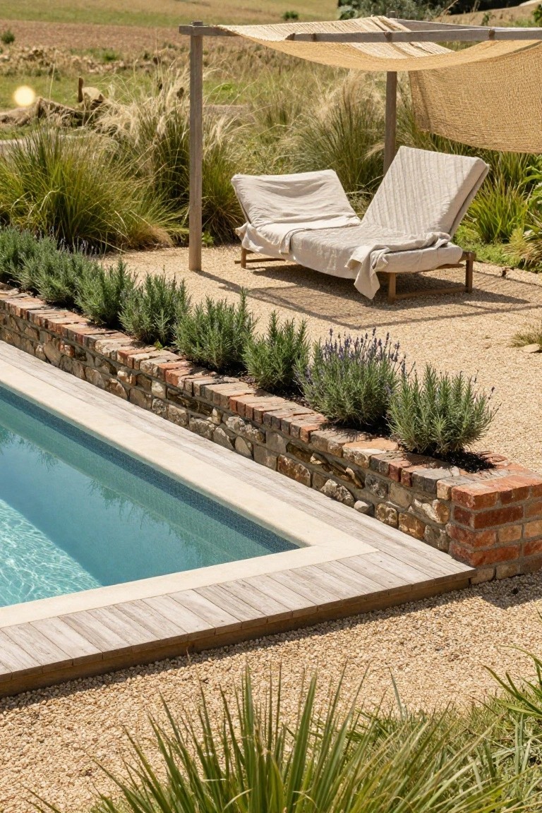 A rectangular swimming pool with a low stone and brick retaining wall along one side planted with rosemary, lavender, and other herbs, adjacent to gravel ground with wooden loungers under a beige fabric shaded pergola and surrounded by tall grasses.