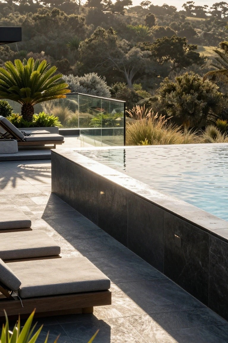 Infinity-edge swimming pool with dark stone surround and tiled deck, wooden loungers, potted plants, glass balustrade, and backdrop of green hills and trees.