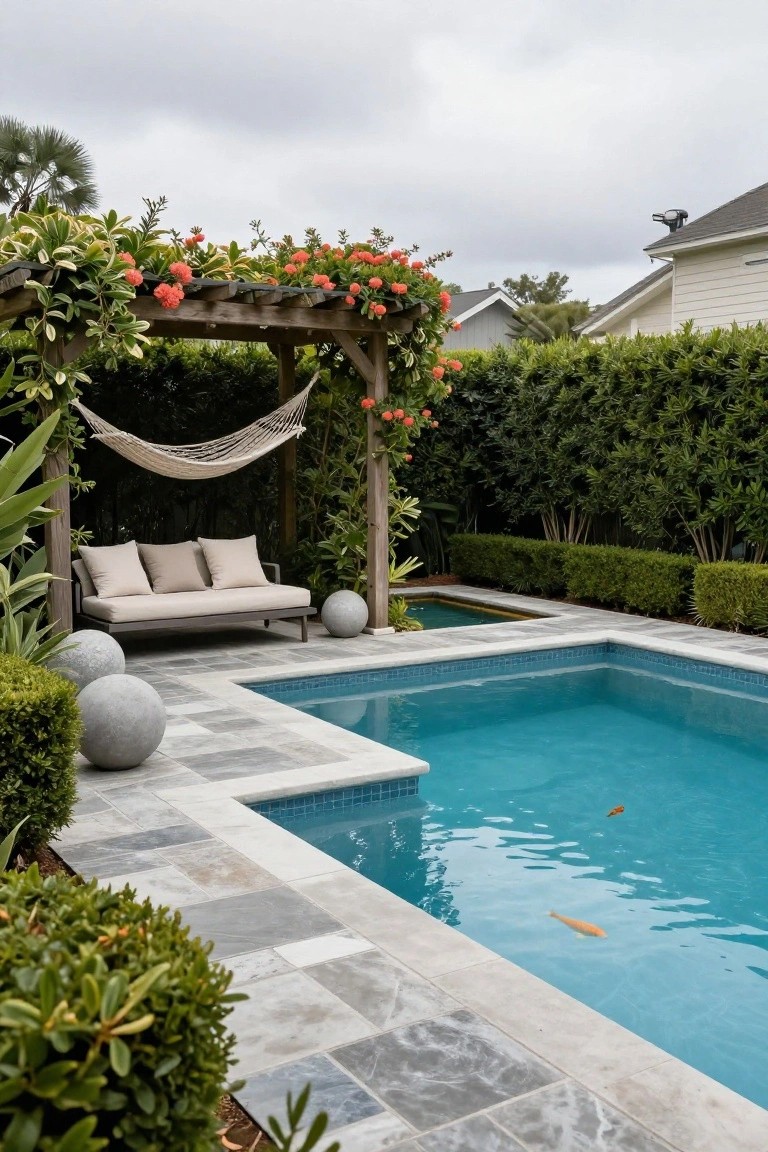 Wooden pergola covered in orange flowers and green vines with a white hammock hanging from it and a beige cushioned daybed nearby, next to a turquoise-tiled pool on a gray stone deck surrounded by hedges and large gray spheres.
