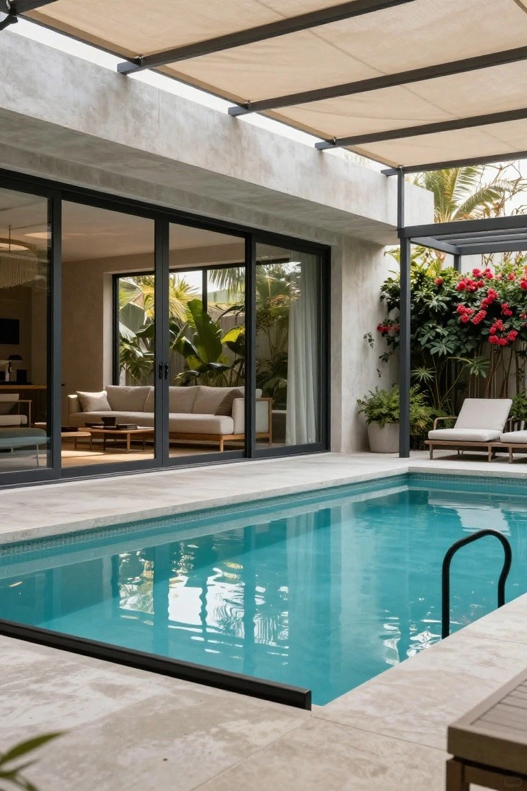 Modern concrete house exterior with large black-framed sliding glass doors opening to a turquoise lap pool on a tiled deck, covered by a beige fabric shade on black metal frame, flanked by tropical plants, red bougainvillea, palm trees, and beige lounge chairs.