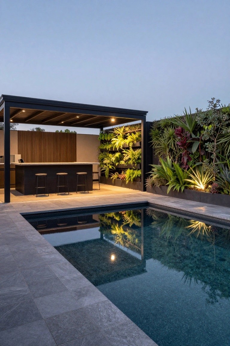 Modern outdoor bar under a black pergola next to an infinity-edge pool, with vertical green walls on a fence and potted plants, lit at dusk on gray tiled decking.