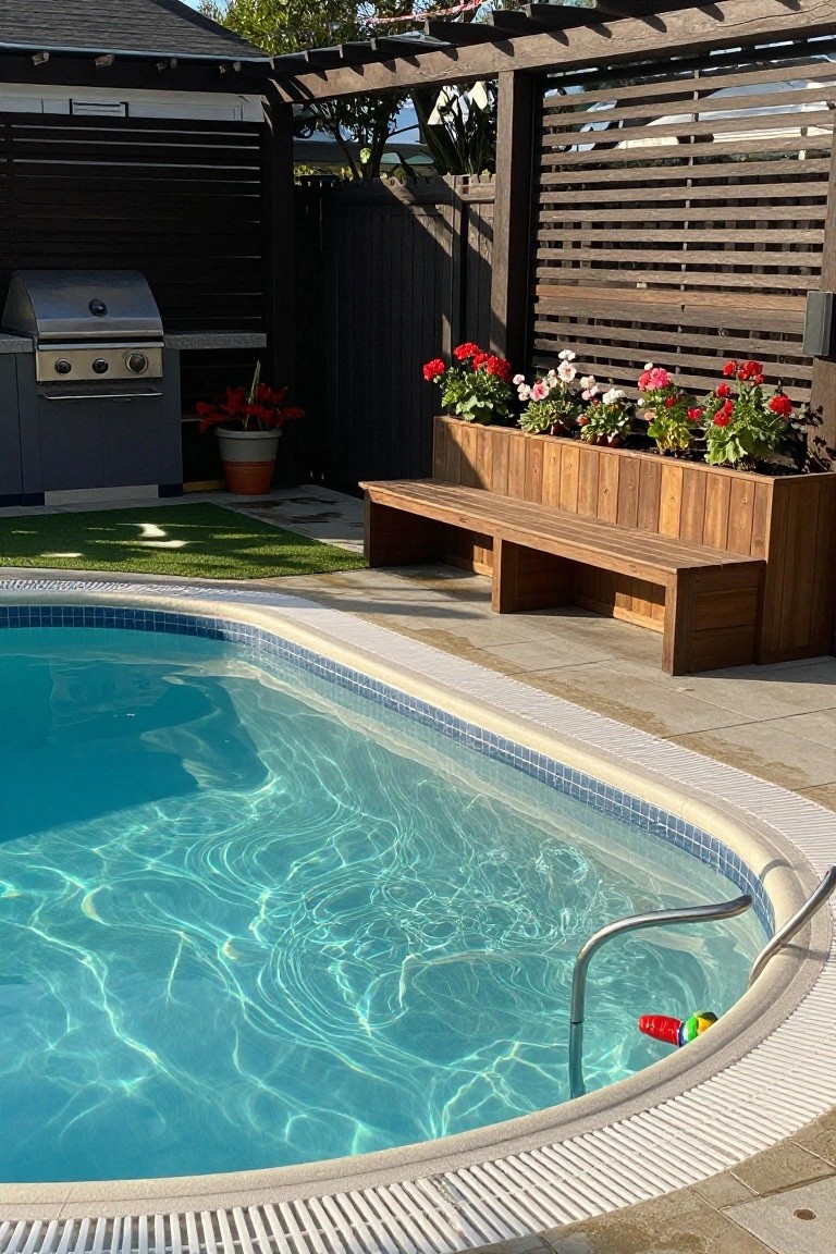 Backyard pool area featuring a wooden built-in bench integrated with a raised planter box containing red and pink geraniums, a stainless steel gas BBQ grill on a stone counter nearby, artificial turf ground cover, and a metal pool ladder.