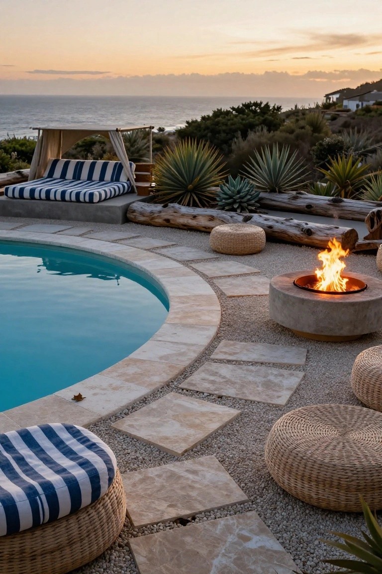 Curved turquoise pool edged in travertine stone with adjacent round concrete fire pit, surrounded by pebble paths, rattan poufs, striped cushions on daybed, agave plants, and driftwood overlooking ocean at sunset.