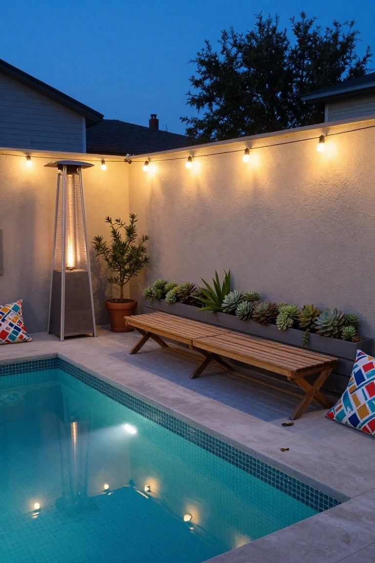 Small pool with turquoise mosaic tiles at dusk, wooden bench with cushions on stone decking nearby, patio heater, string lights overhead, and succulent planters on beige stucco wall.