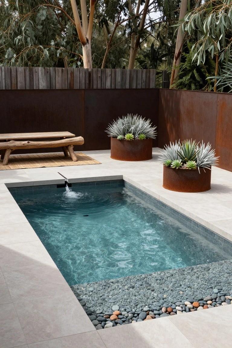Small rectangular turquoise pool with water fountain in a light stone paved courtyard, wooden bench on seagrass rug nearby, two large rusted metal planters with succulents, pebble edging at pool base, rusted metal wall and gum trees in background.