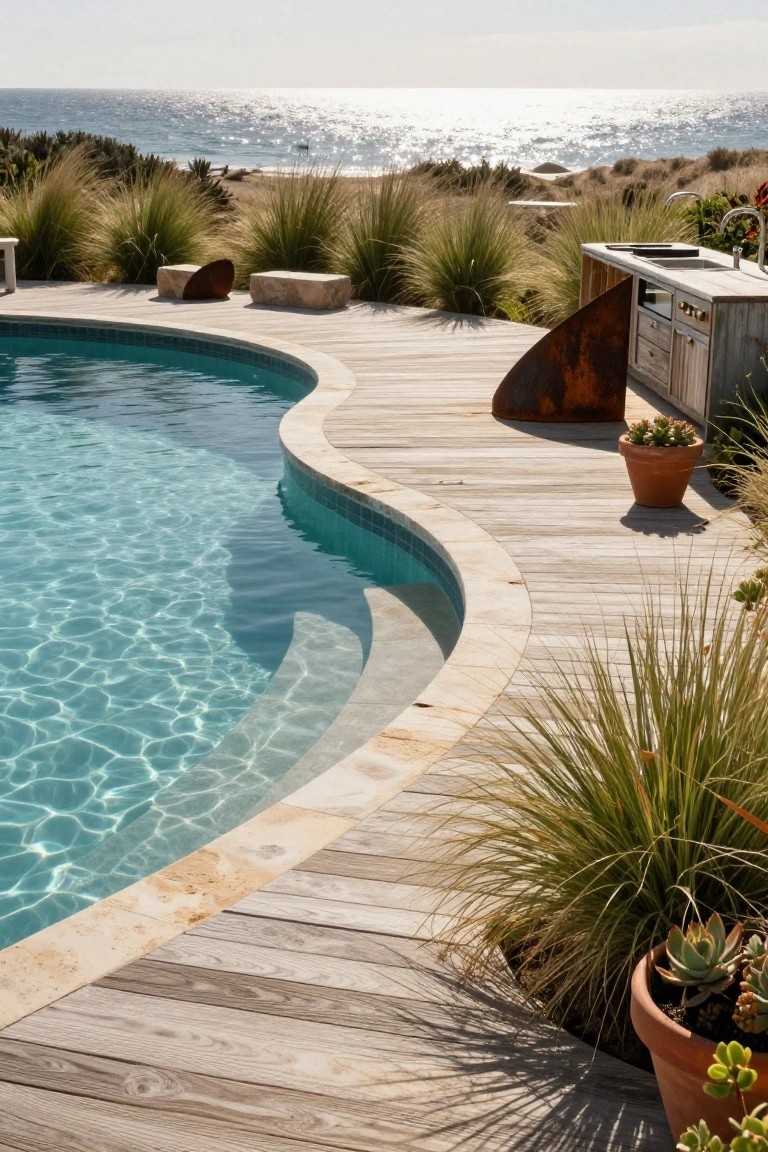 Curved turquoise pool with stone coping and surrounding light wooden deck, next to a rustic outdoor kitchen counter, native grasses, potted plants, and ocean horizon.