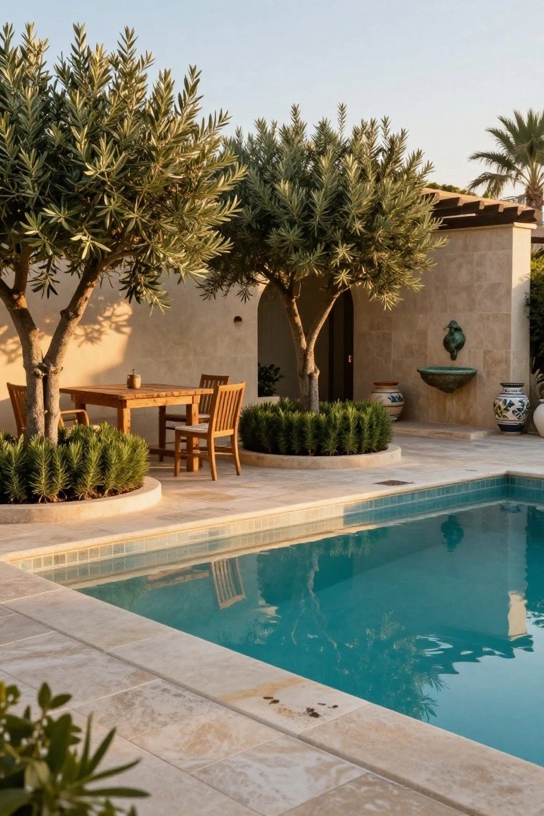 Wooden dining table and four chairs by a turquoise pool edged in beige tiles, flanked by olive trees, curved boxwood hedges, stucco walls with an arched doorway and fountain, and large ceramic pots.