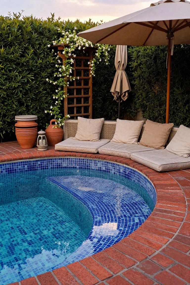 20 Chic Small Backyard Pool Designs That Maximize Style A small curved pool with blue mosaic tiles and brick edging, surrounded by cushioned beige benches, terracotta pots, lanterns, flowering lattice, dense green hedges, and a beige umbrella nearby.