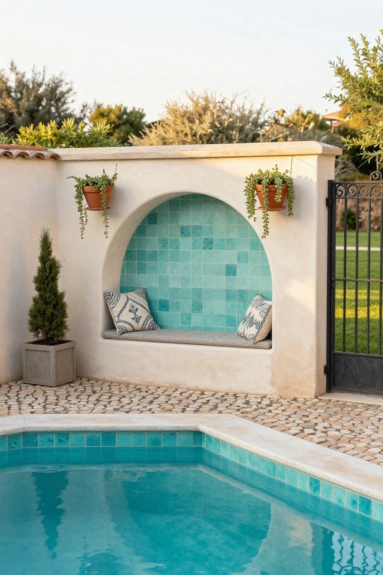 20 Chic Small Backyard Pool Designs That Maximize Style Small turquoise-tiled pool adjacent to a beige stucco wall with an arched niche containing a cushioned bench, hanging plants in terracotta pots, a potted cypress tree, pebble paving, and a black metal gate leading to grass.