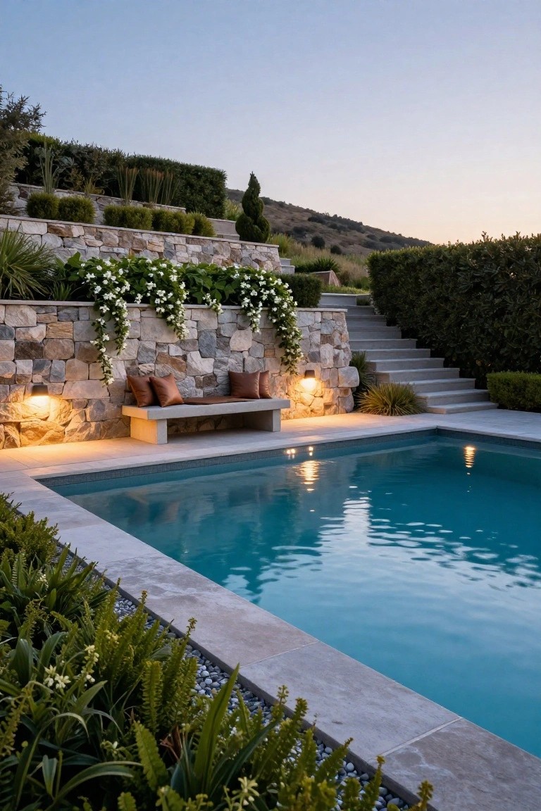 20 Chic Small Backyard Pool Designs That Maximize Style Turquoise infinity-edge pool with stone coping and surrounding plants, a built-in concrete bench with brown cushions against a textured stone wall draped in white flowering vines, flanked by wall-mounted lights and steps leading to terraced landscaping on a hillside at sunset.