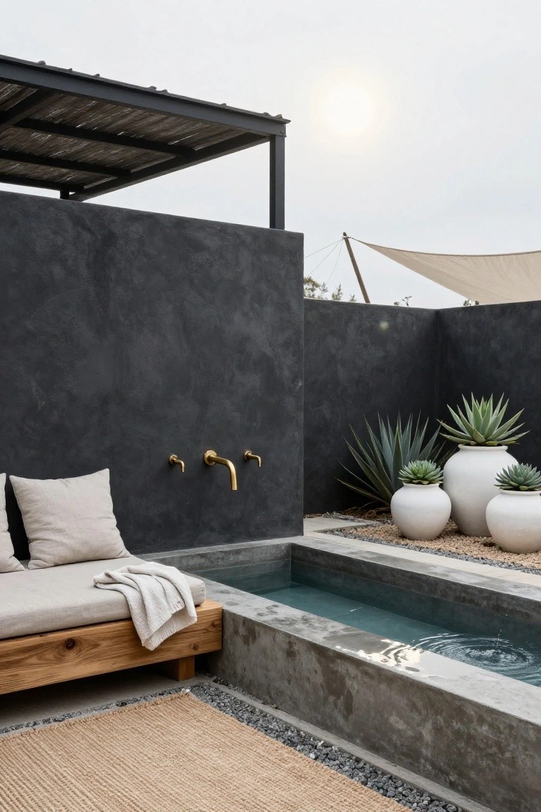 20 Chic Small Backyard Pool Designs That Maximize Style Small rectangular turquoise plunge pool built into dark stucco corner walls with gold wall-mounted faucets, adjacent wooden daybed with beige cushions and throw blanket, white pots of agave plants, jute rug on gravel, under shaded metal roof and beige shade sail.