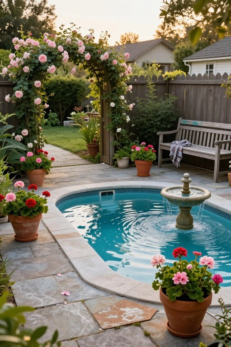 20 Chic Small Backyard Pool Designs That Maximize Style Small turquoise kidney-shaped pool with central stone fountain on stone-paved patio surrounded by terracotta pots of red and pink geraniums, wooden bench, rose-covered archway, and backyard fencing.