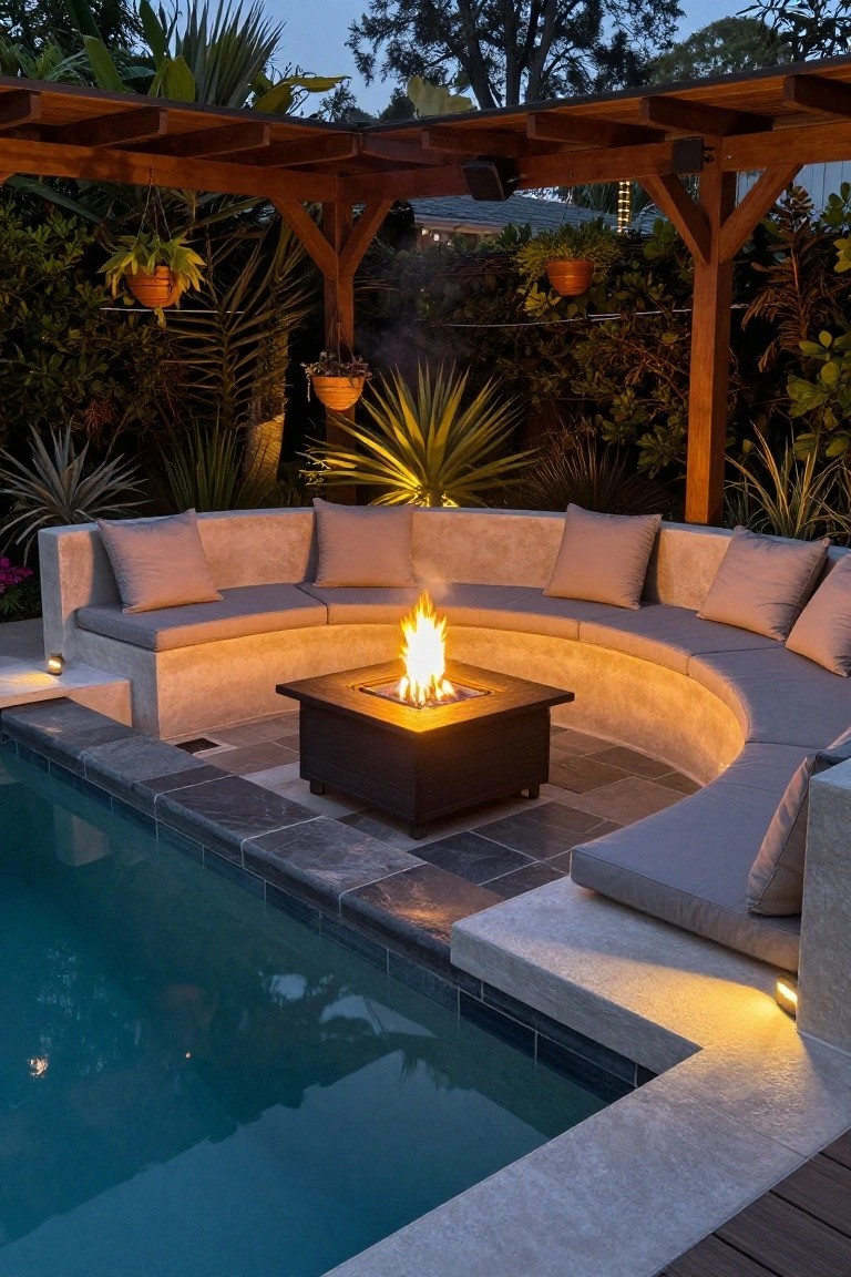 20 Chic Small Backyard Pool Designs That Maximize Style Curved beige cushioned banquette on stone base surrounding a square black fire table on tiled deck next to a rectangular pool, under wooden pergola with potted plants and palm trees at dusk.