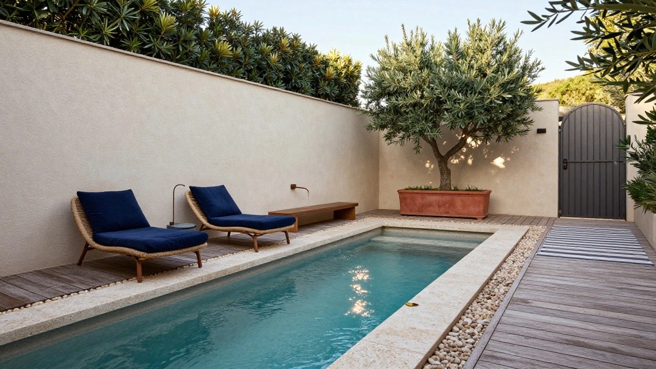 Narrow turquoise plunge pool with beige stone edging and pebble accents, flanked by three rattan lounge chairs with navy cushions, olive trees, a wooden deck path, and a black metal gate in a stucco-walled outdoor courtyard.