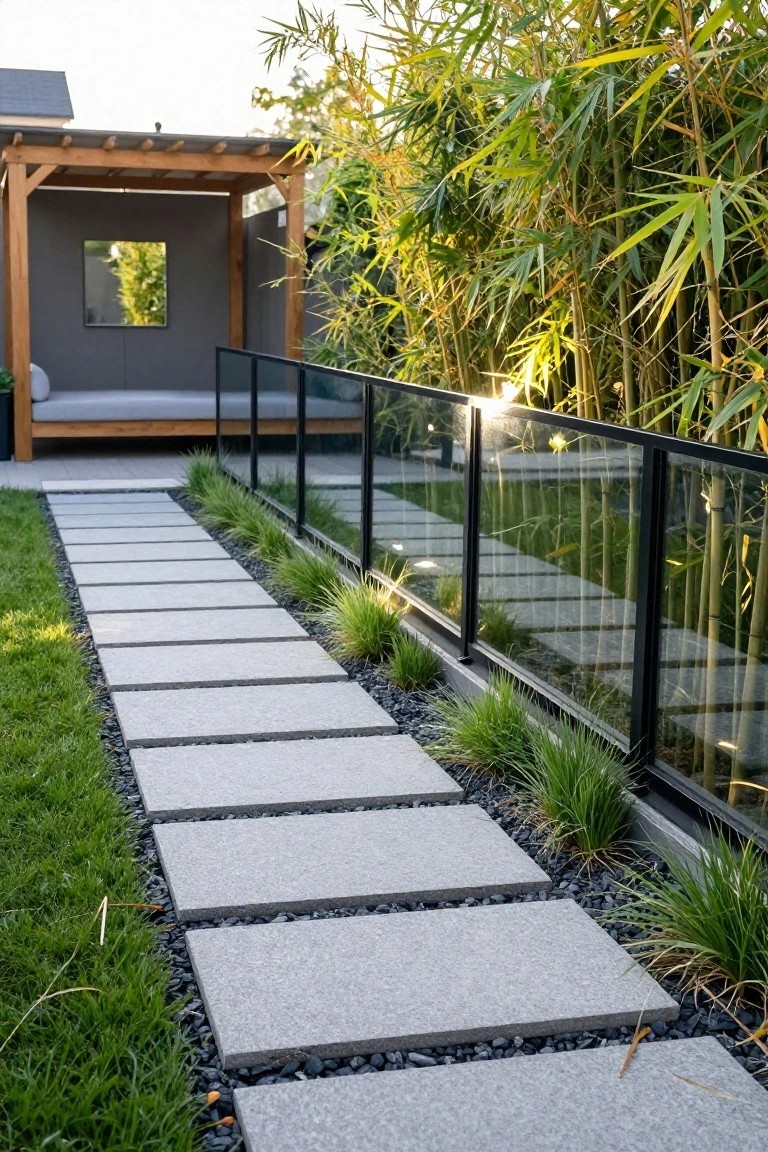 20 Chic Small Backyard Pool Designs That Maximize Style Modern stone pathway beside glass railing and bamboo garden.