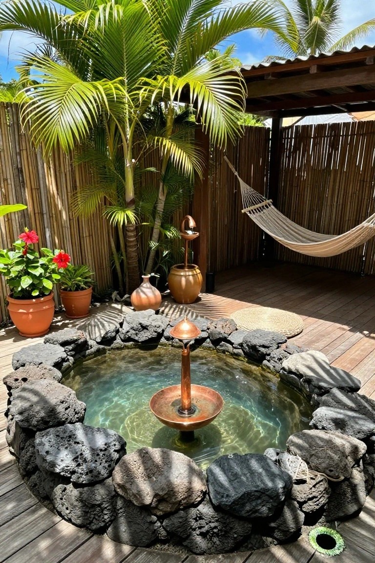 20 Chic Small Backyard Pool Designs That Maximize Style Small circular backyard pool edged with black lava rocks and featuring a central copper fountain spout, surrounded by tropical plants, potted flowers, a hammock, and bamboo fencing on a wooden deck.