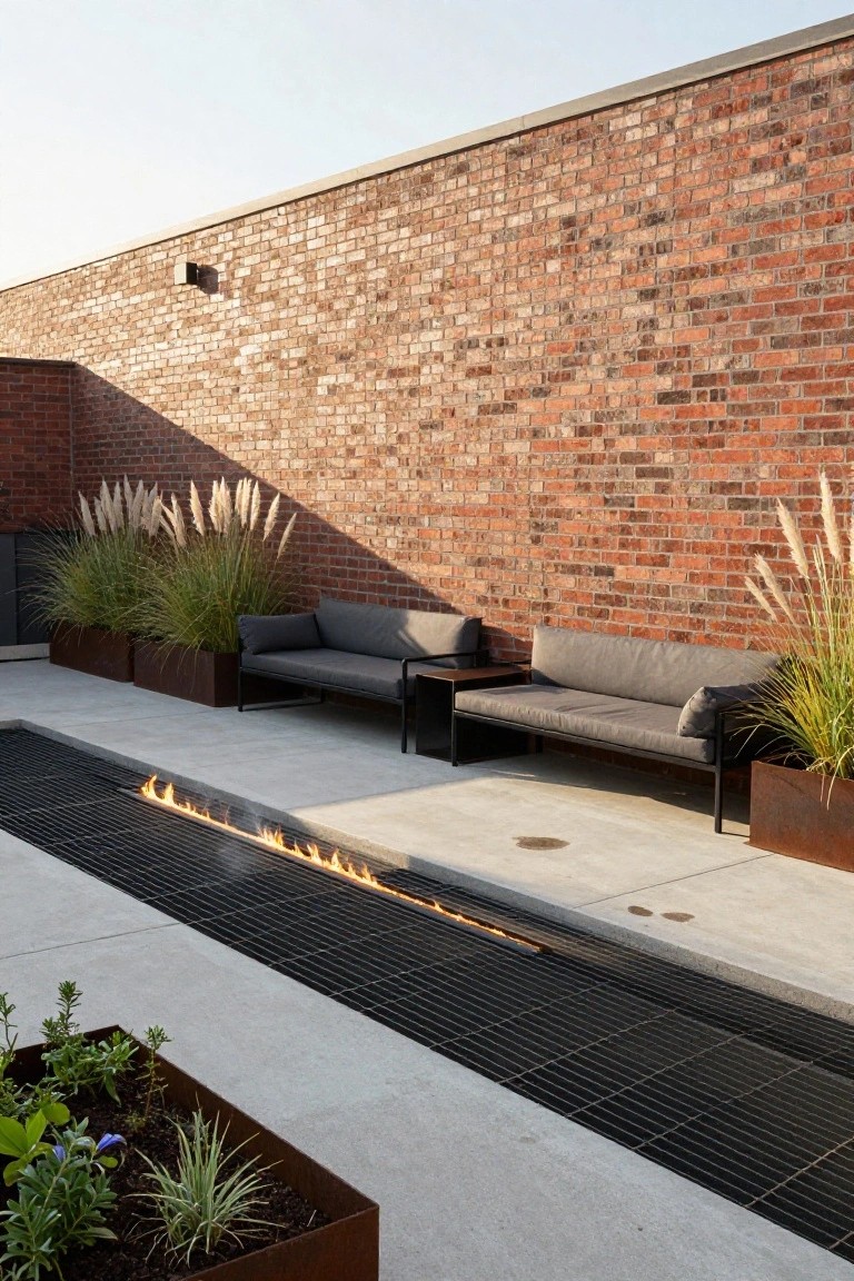 20 Chic Small Backyard Pool Designs That Maximize Style Modern patio with brick wall, gray sofas, fire pit, and tall grasses.