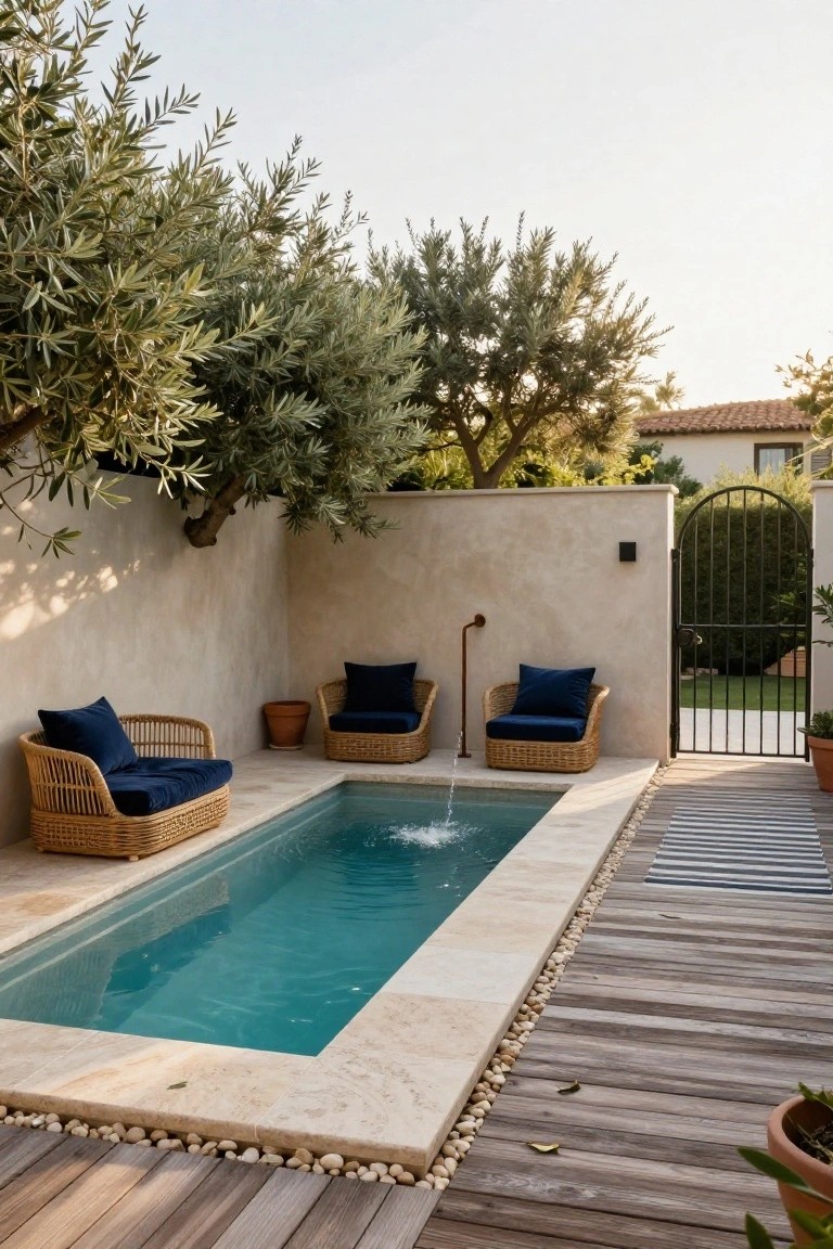20 Chic Small Backyard Pool Designs That Maximize Style Narrow turquoise plunge pool with beige stone edging and pebble accents, flanked by three rattan lounge chairs with navy cushions, olive trees, a wooden deck path, and a black metal gate in a stucco-walled outdoor courtyard.