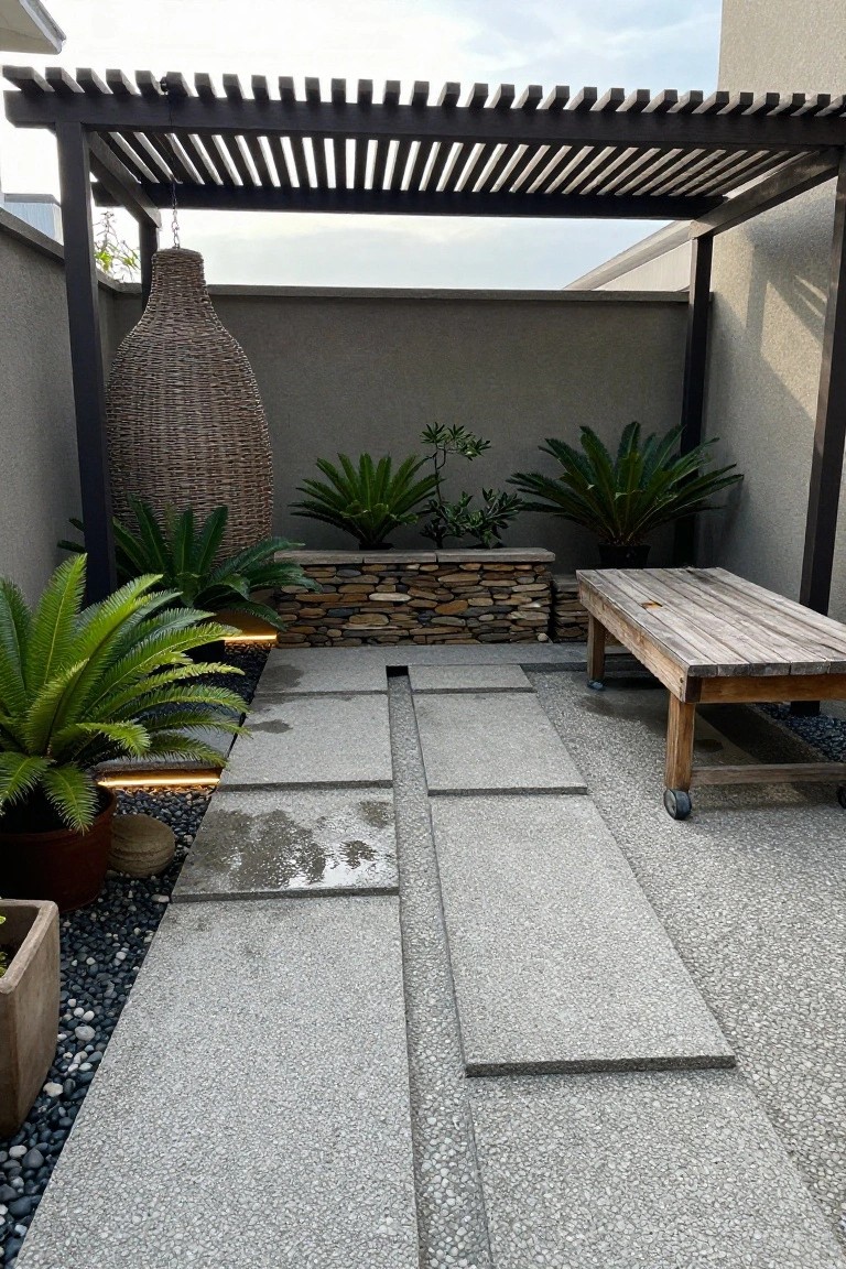 20 Chic Small Backyard Pool Designs That Maximize Style Gray concrete slab patio with recessed linear LED lights along edges, tropical plants in pots and beds with pebble mulch, wooden bench on wheels, rattan hanging lantern, and slatted pergola roof against a textured wall.