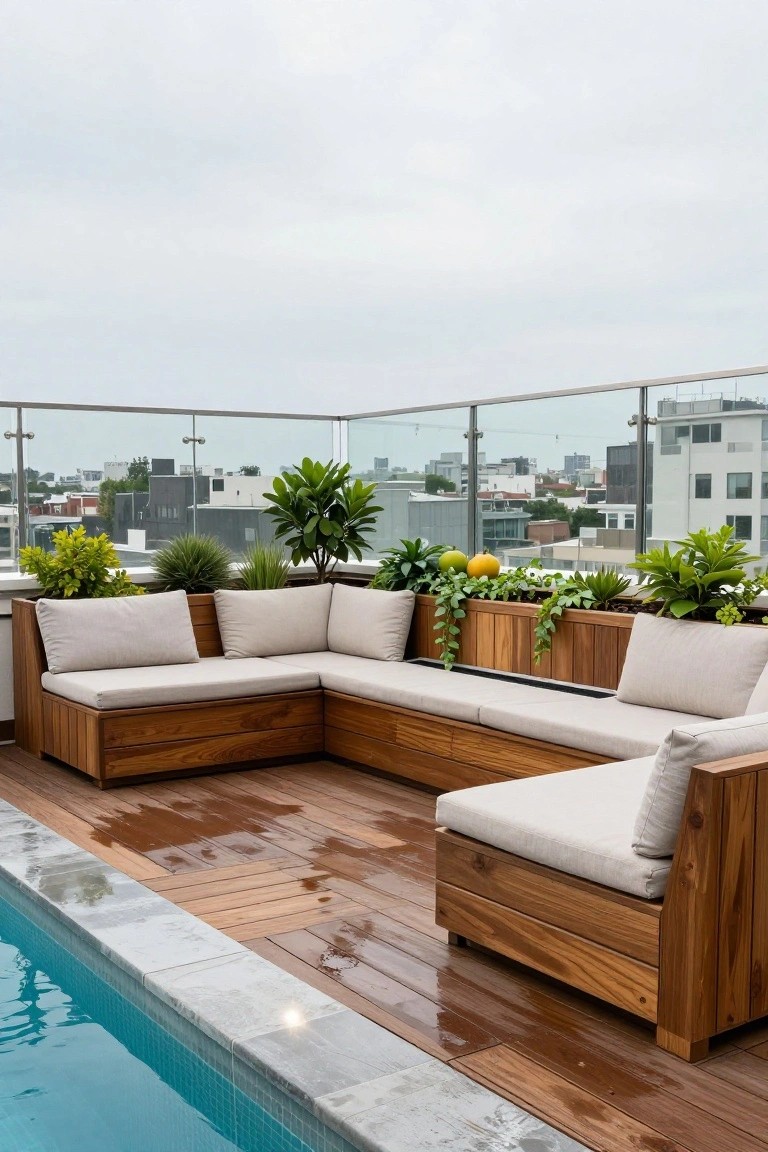 20 Chic Small Backyard Pool Designs That Maximize Style Rooftop terrace with L-shaped wooden built-in bench seating featuring beige cushions and integrated planters next to a small tiled swimming pool on wet wooden decking, with glass railings and city views.