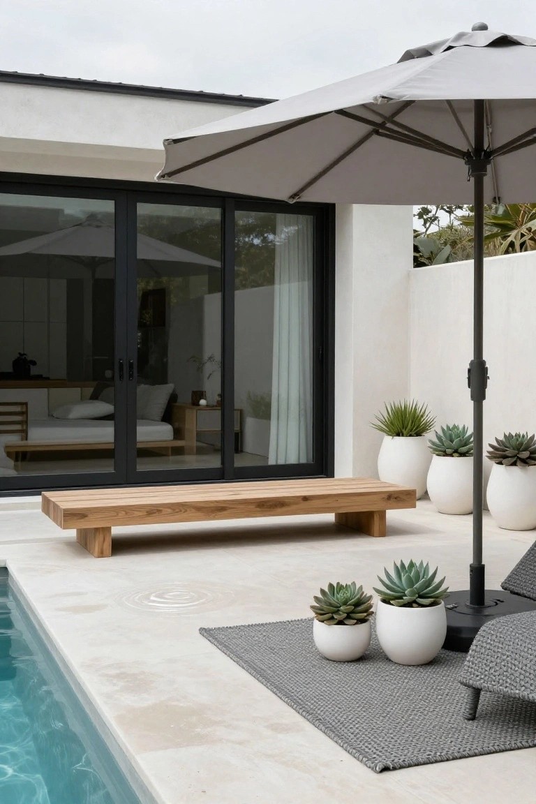 20 Chic Small Backyard Pool Designs That Maximize Style Small outdoor pool deck with low wooden bench, potted succulents, gray woven lounge chair under beige umbrella, white pots, and black-framed sliding glass doors to interior.