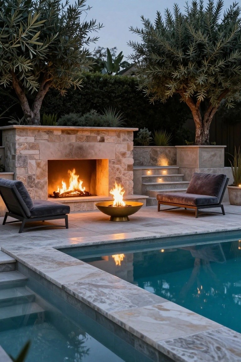 20 Chic Small Backyard Pool Designs That Maximize Style Backyard pool with stone outdoor fireplace containing burning logs, brass fire bowl on tiled patio, two gray lounge chairs, olive trees, plants, and steps leading to the pool at dusk.
