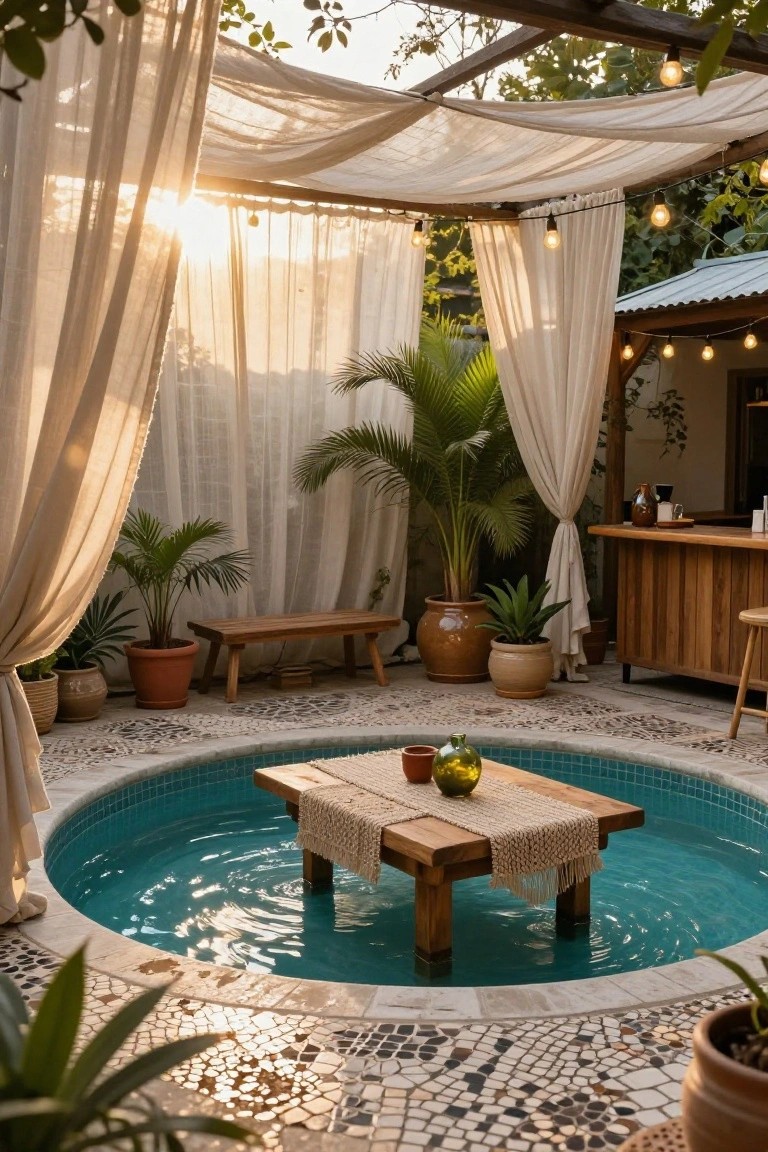 20 Chic Small Backyard Pool Designs That Maximize Style A small circular turquoise pool with a square wooden table positioned in the center, legs in the water, surrounded by sheer white curtains, potted plants, a wooden bench, and a bar on mosaic tile flooring in an outdoor setting.