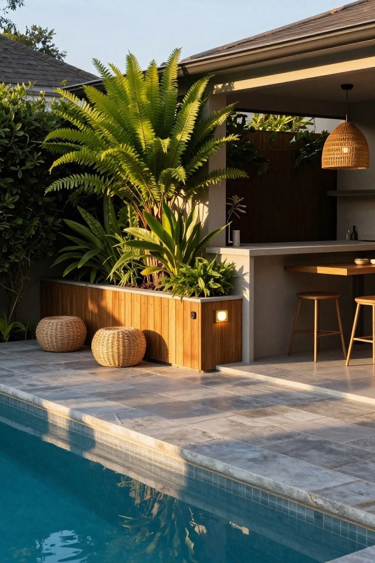 20 Chic Small Backyard Pool Designs That Maximize Style Outdoor patio area featuring a concrete bar counter with wooden stools, rattan poufs on tiled pool decking, wooden planter box with plants, and a blue swimming pool edge, with tropical greenery and a covered roof nearby.