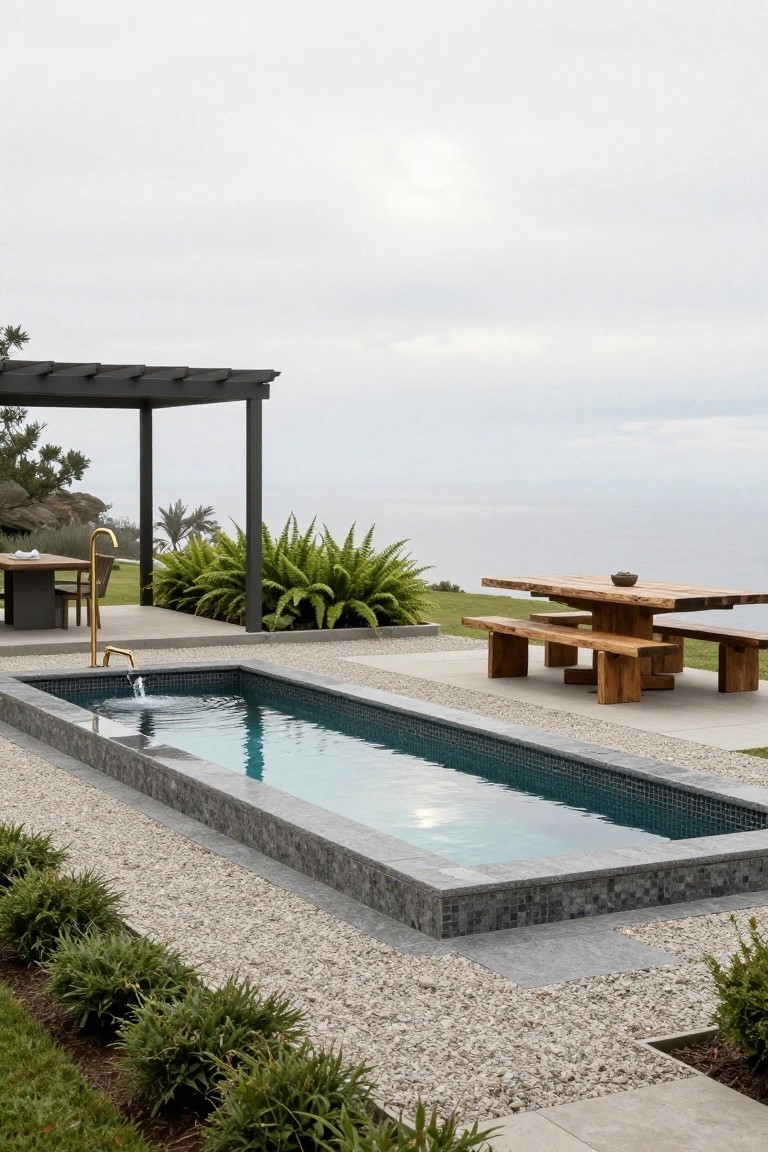 20 Chic Small Backyard Pool Designs That Maximize Style Narrow rectangular pool with black mosaic tiles and gold faucet, adjacent to wooden picnic tables and benches on a gravel patio with plants, pergola, and ocean view.
