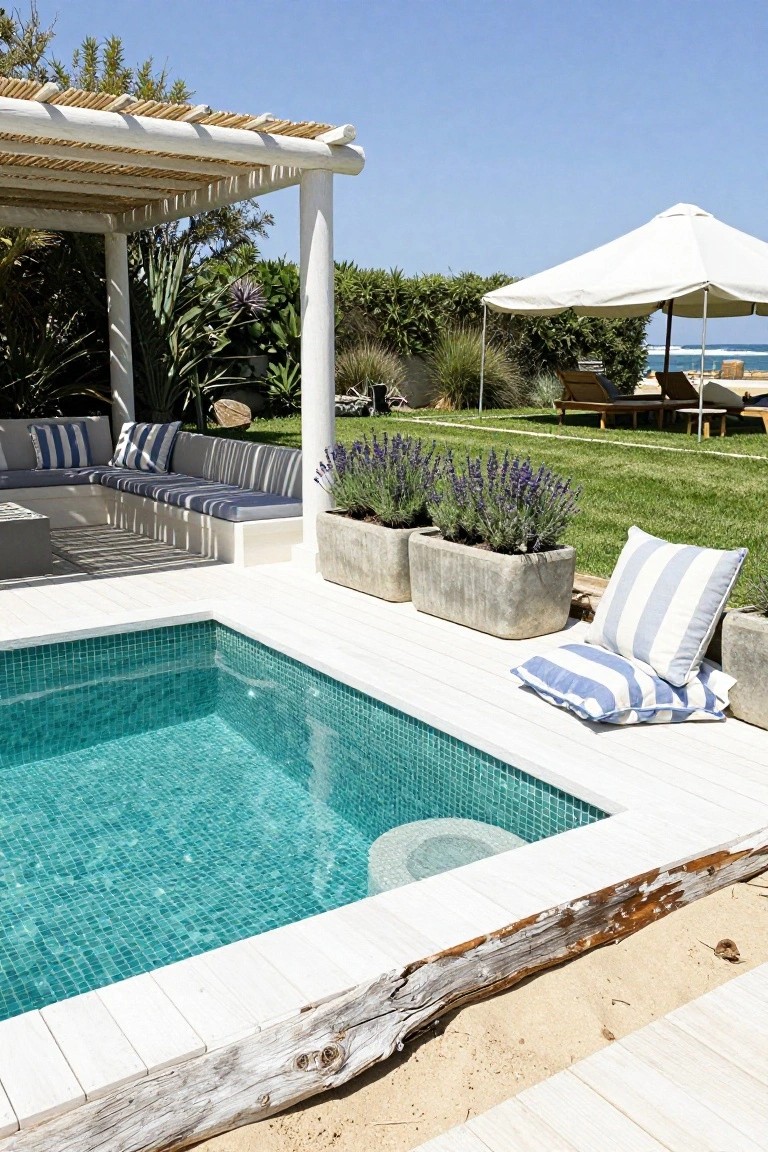 20 Chic Small Backyard Pool Designs That Maximize Style Small turquoise mosaic-tiled plunge pool on white decking with weathered driftwood log edging, lavender planters, outdoor seating, and beach view in background.