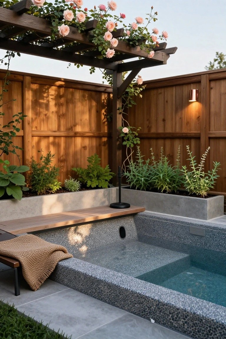 20 Chic Small Backyard Pool Designs That Maximize Style Small backyard pool with pebble mosaic edges and a wooden bench seat built into an adjacent concrete planter, surrounded by plants, a lounge chair with tan blanket, wooden fence, and pergola draped with pink roses.