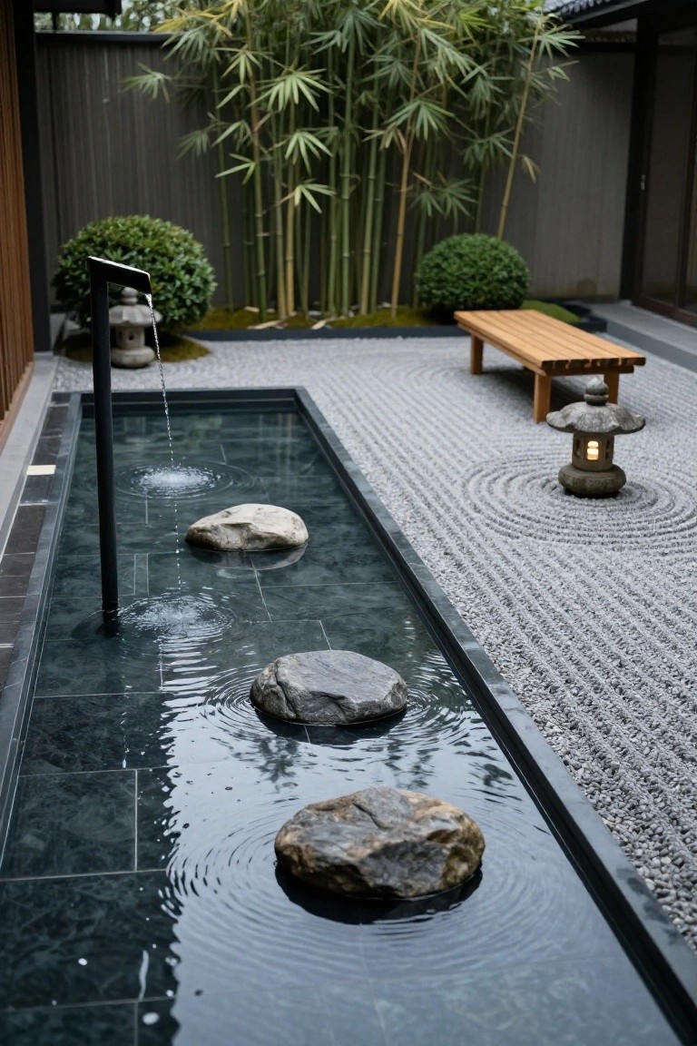20 Chic Small Backyard Pool Designs That Maximize Style Narrow rectangular pool with dark slate tiles containing large gray rocks and a vertical metal water spout, bordered by raked gray gravel path, stone lanterns, bamboo plants, clipped shrubs, and wooden bench in a walled outdoor garden.