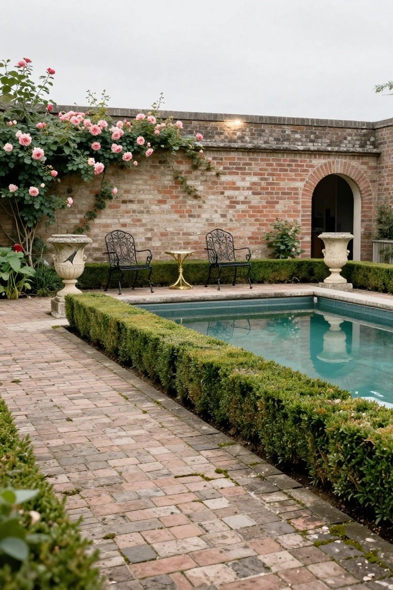 Rectangular pool with low boxwood hedges along the edges, brick paths, stone urns, climbing pink roses on brick walls, two black wrought iron chairs and a gold-legged table, and an arched brick doorway.