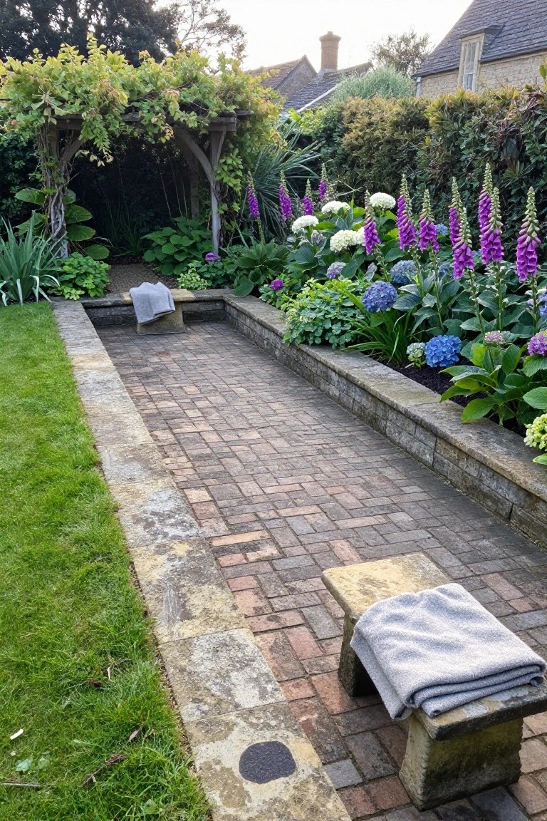 Straight brick paver pathway bordered by raised planting beds with purple foxgloves, blue hydrangeas, hostas, and other greenery, grass lawns on the sides, vine-covered wooden pergola arch ahead, and stone benches with gray towels along the path.