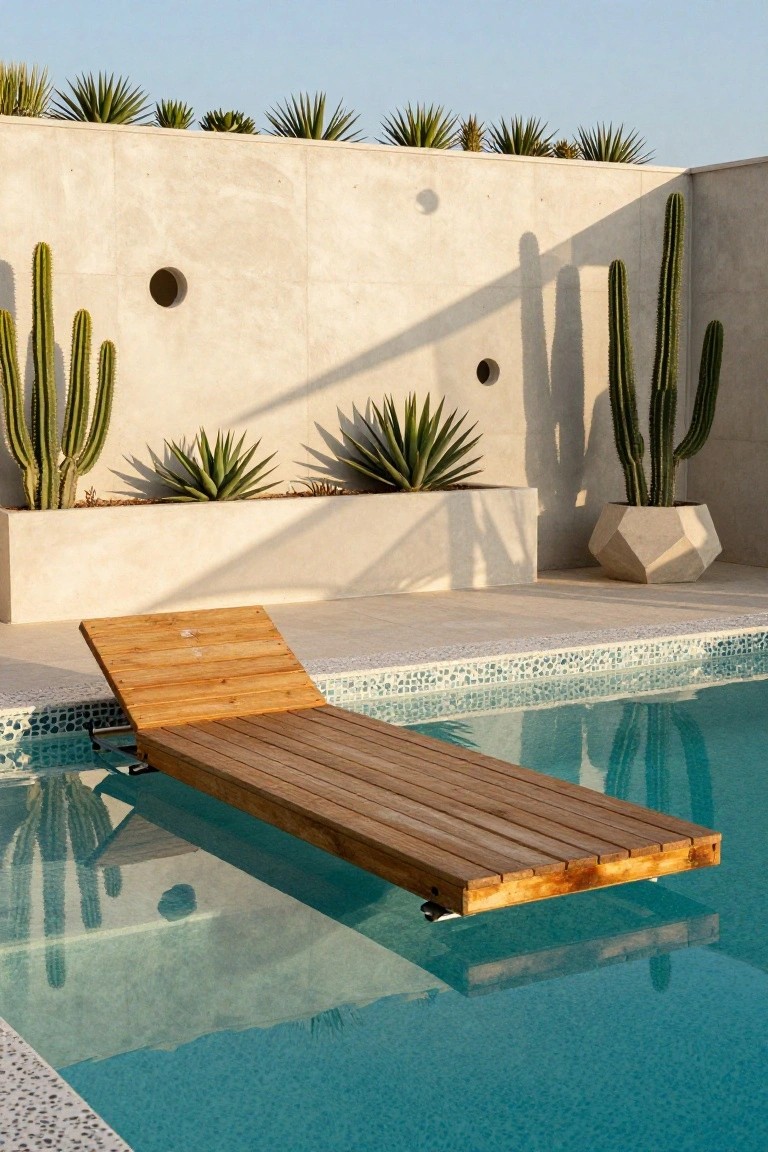 Wooden chaise longue with adjustable headrest positioned at the edge of a turquoise pool with mosaic tile border, surrounded by cacti and agave plants against white stucco walls.
