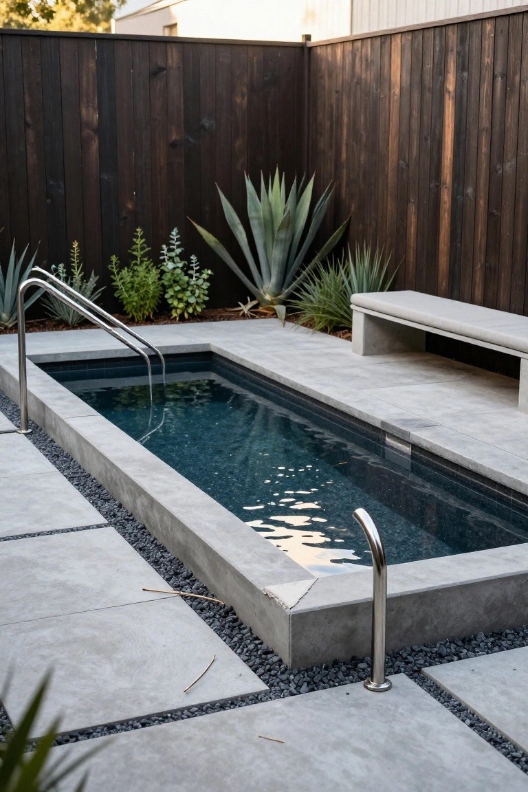 Narrow rectangular plunge pool with dark blue water and stainless steel railings, set in gray concrete decking with black gravel borders, agave plants, a wooden fence, and concrete bench nearby.