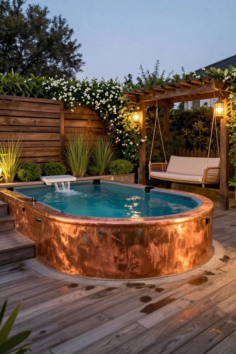 Oval blue plunge pool with copper rim and waterfall on a wooden deck in a backyard, surrounded by plants, wooden fence, pergola with hanging swing seat, and hanging lanterns at dusk.