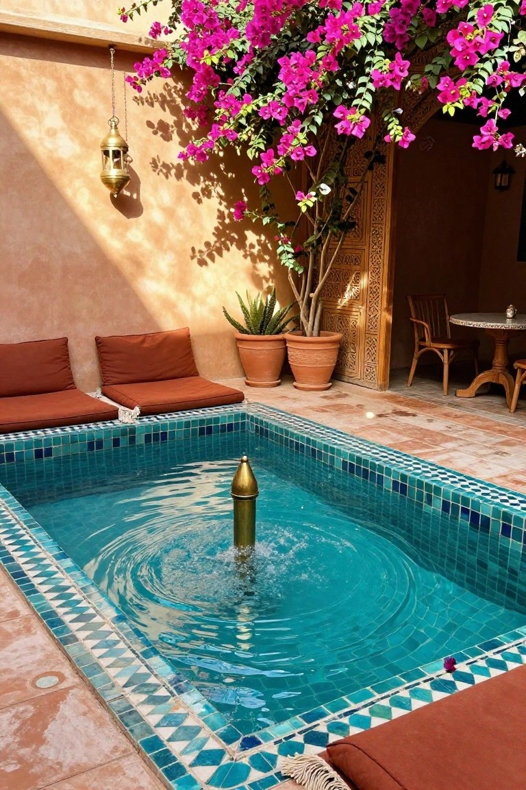 Small rectangular turquoise-tiled pool with central brass fountain and bubbling water in a Moroccan-style courtyard, surrounded by low orange cushions, potted plants, bougainvillea vines on walls, hanging lantern, and wooden table with chairs.