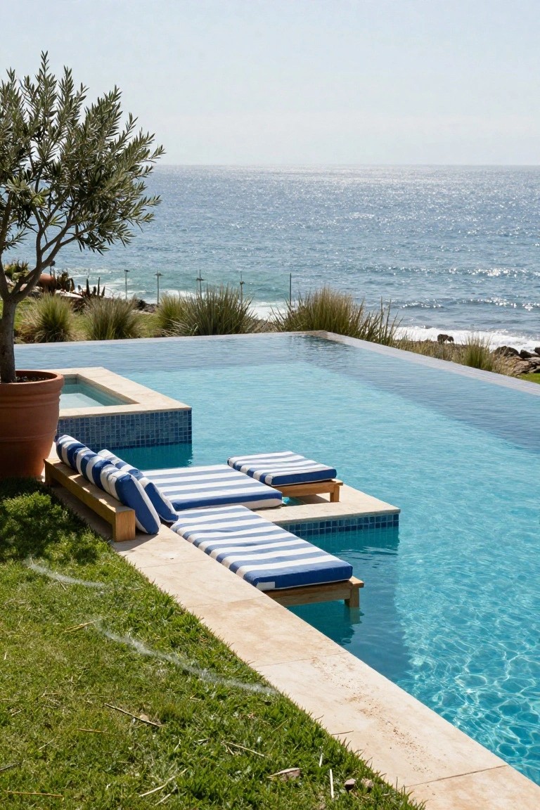 Infinity edge swimming pool with raised stone platform holding blue and white striped loungers, adjacent hot tub with blue tiles, olive tree in terracotta pot, grasses and ocean view in background.