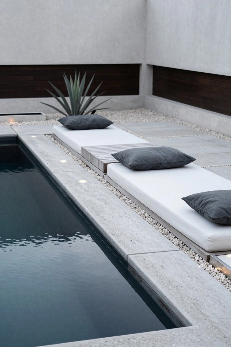 Close-up view of a rectangular dark pool with white rectangular loungers and gray pillows positioned along the concrete edge, surrounded by white pebbles, low lighting, and an agave plant against a neutral wall backdrop.