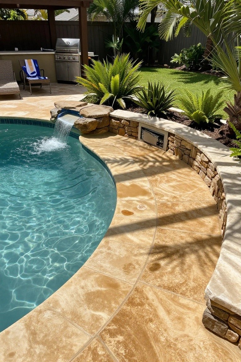 Curved turquoise pool with a waterfall cascading from stacked natural stones into the water, surrounded by beige travertine deck tiles, stone coping, tropical plants, and a nearby lounge chair and grill area.