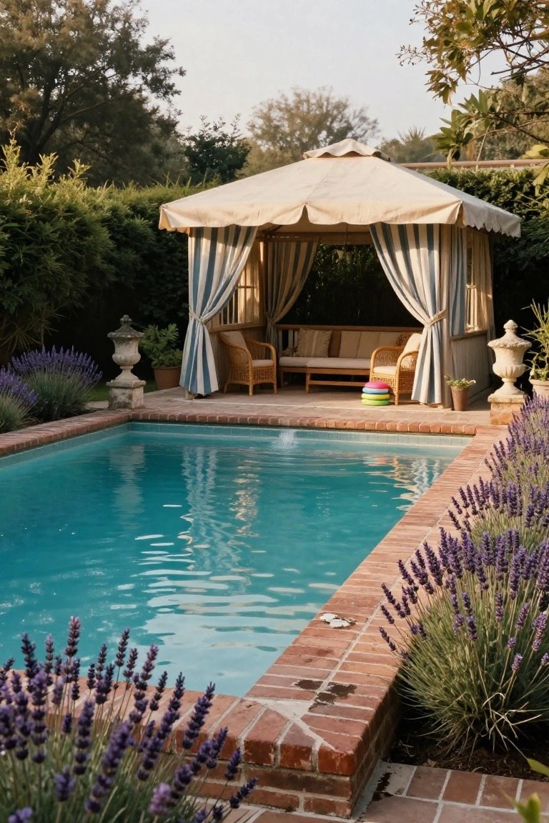Backyard swimming pool edged in brick with a beige cabana gazebo featuring blue-and-white striped curtains, wicker seating, stacked colorful floats, lavender plants, and stone urns.