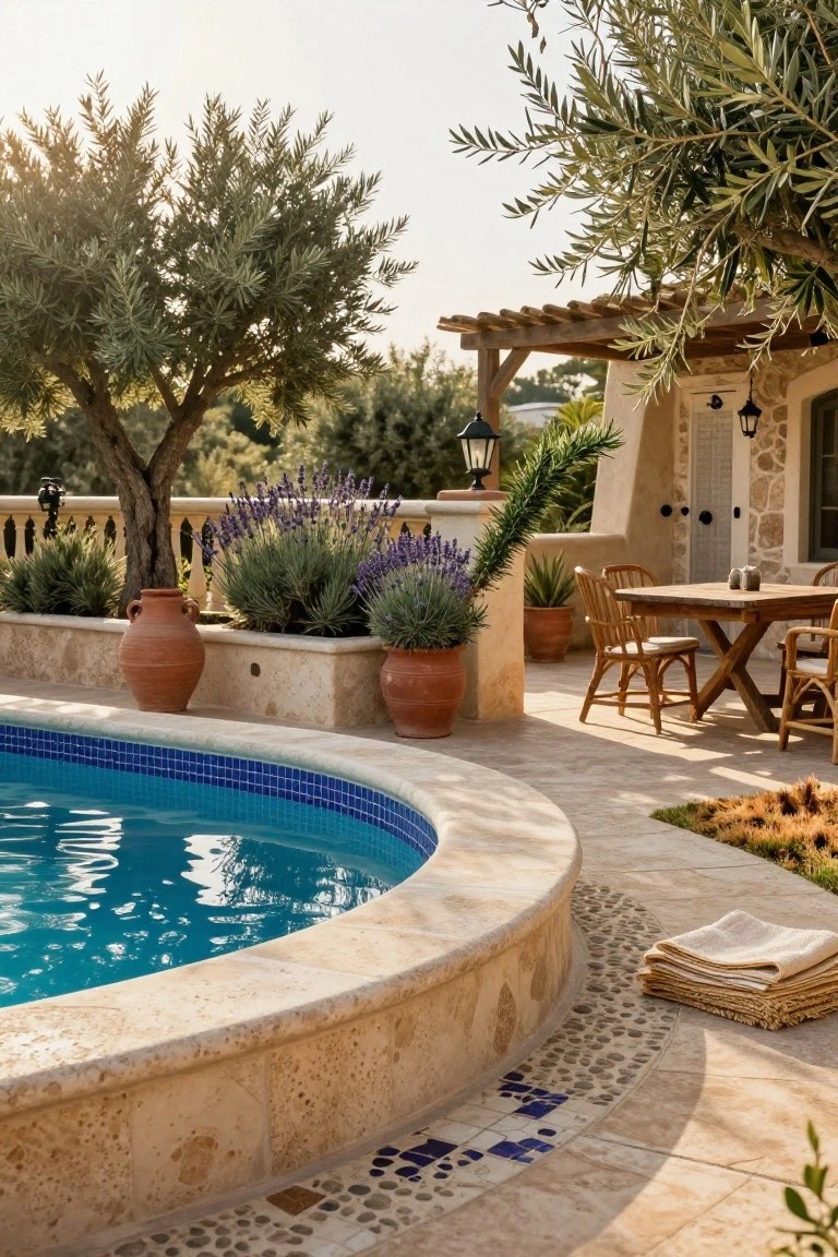 Curved blue-tiled swimming pool with beige stone surround and terrace, wooden dining table with chairs nearby, terracotta pots, lavender plants, olive trees, and pergola structure.