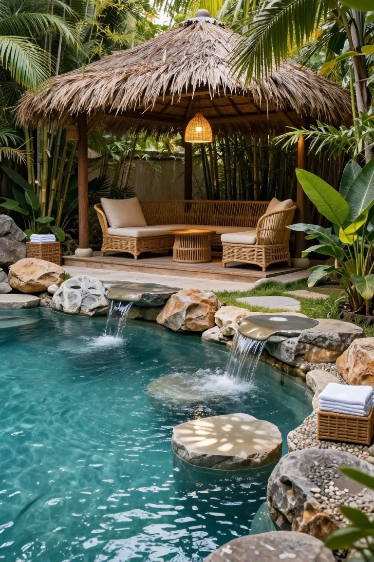 A thatched pavilion with rattan sofa, chairs, and table overlooks a curved turquoise pool with natural rock waterfall and stacked stone steps at the edge.