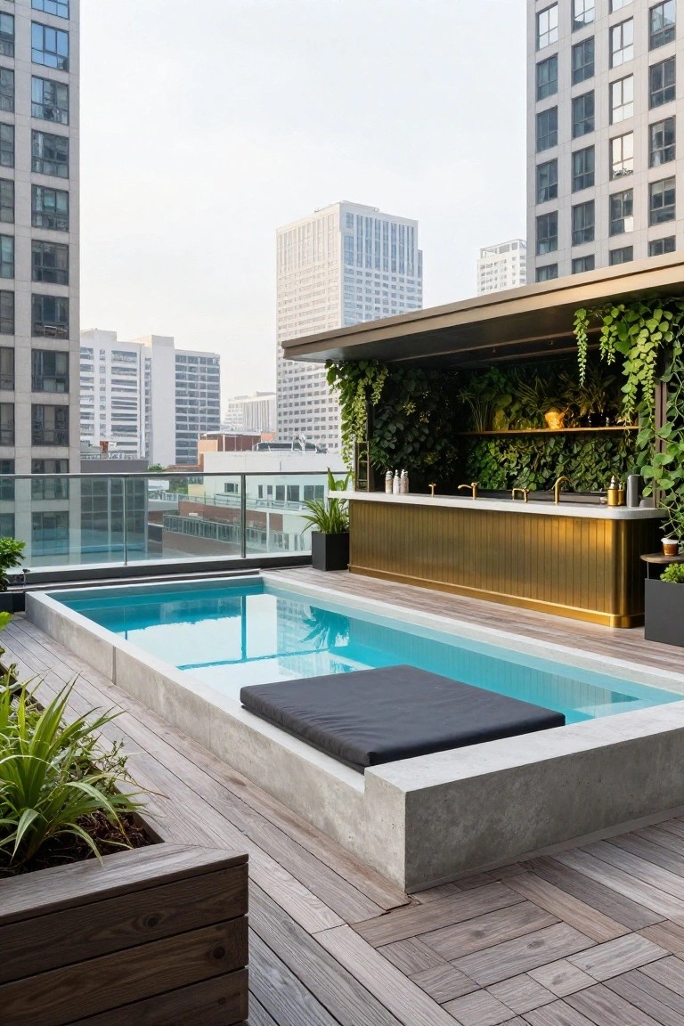 Rooftop terrace with small rectangular turquoise pool, black lounger cushion, gold bar counter with green plant wall, potted plants, wooden decking, and surrounding high-rise buildings.
